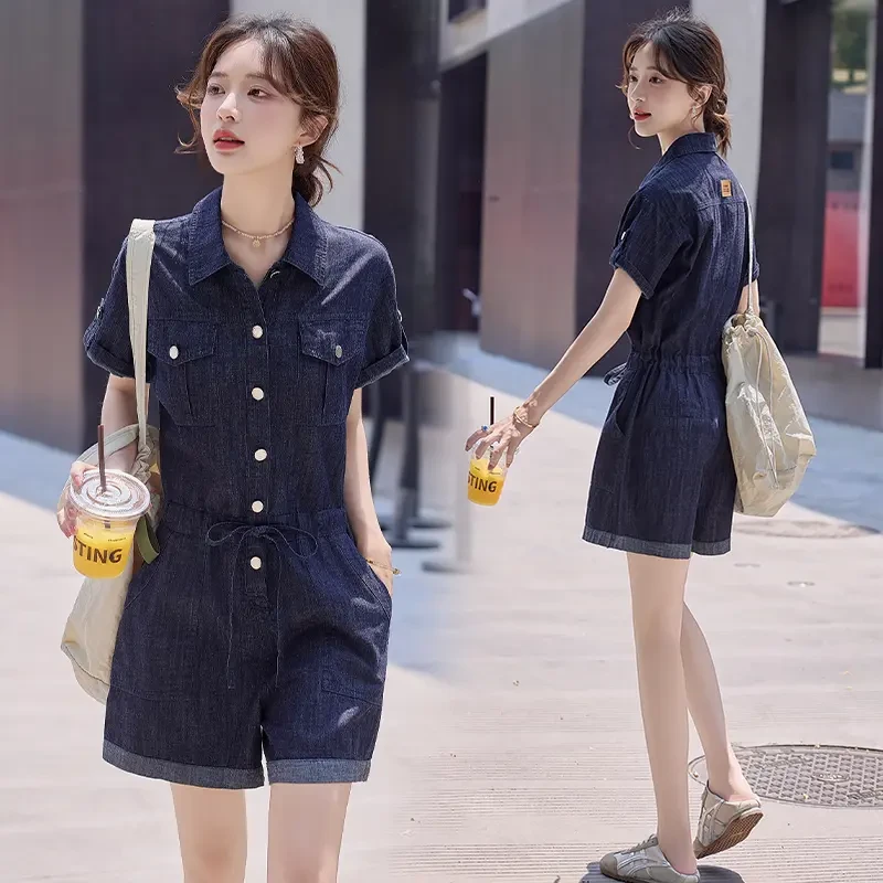 复古薄款牛仔连体裤女2025夏季新款小个子休闲收腰显瘦减龄连衣裤