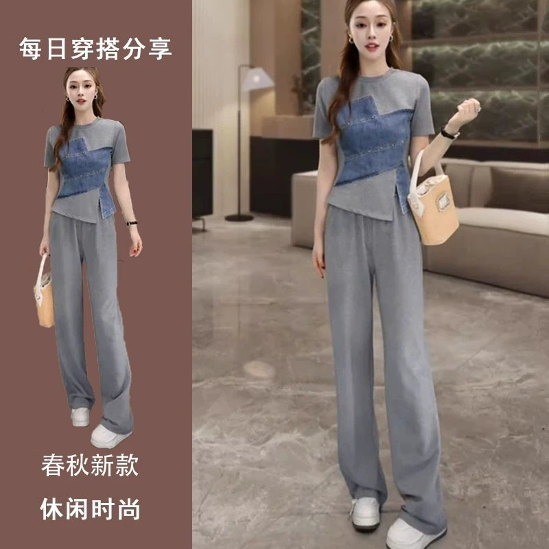 欧货休闲运动套装女春夏季洋气显瘦牛仔拼接上衣网红款运动服套装