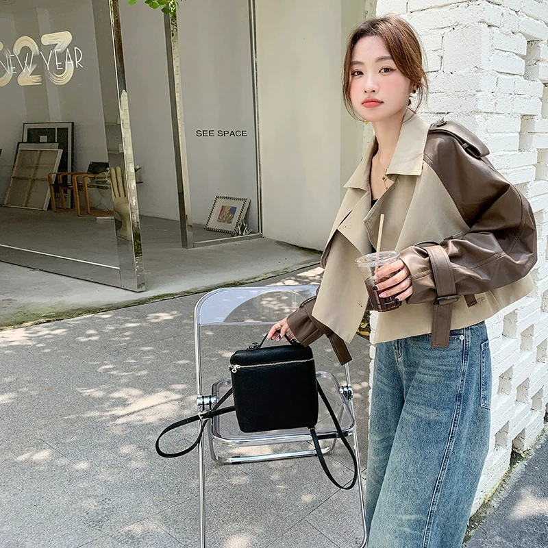 撞色pu皮拼接短款风衣女秋2025新款气质复古设计感休闲美拉德外套