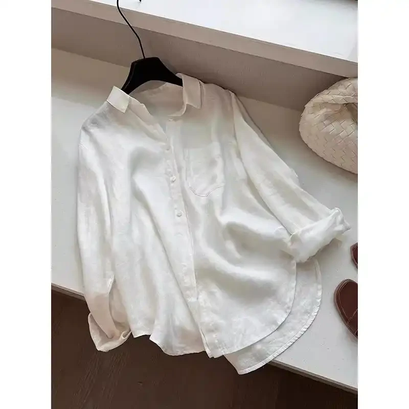 白色轻薄防晒衬衫女夏季衬衣天丝罩衫宽松慵懒松弛感棉麻亚麻上衣