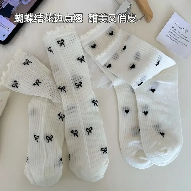 蝴蝶结花边中筒袜子女夏季薄款透气波点简约白色百搭女生长筒棉袜