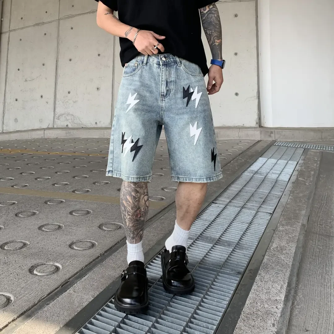 夏季新款潮牌美式街头闪电牛仔短裤男宽松直筒水洗五分休闲裤男士