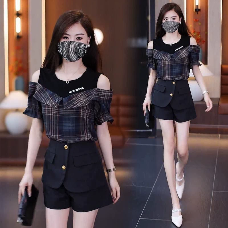 短袖雪纺衫女露肩上衣假两件新款夏季遮肚子显瘦时尚洋气衬衫