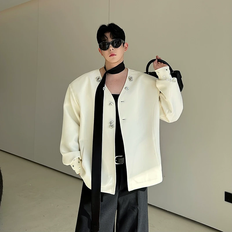 春季韩国时尚廓形开衫无领夹克男个性金属扣装饰小香休闲外套网红