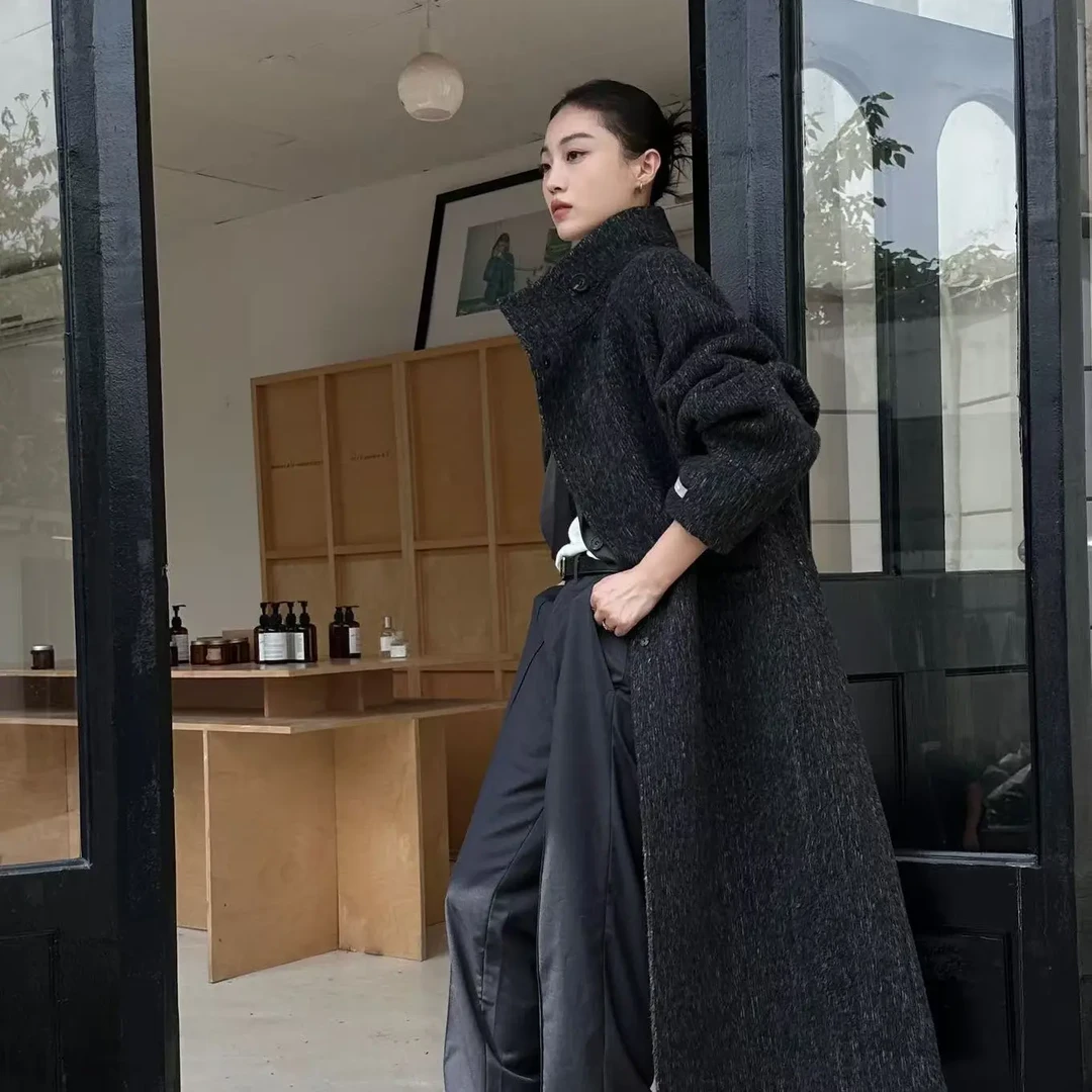 韩系立领秋冬长款收腰加厚毛呢大衣外套