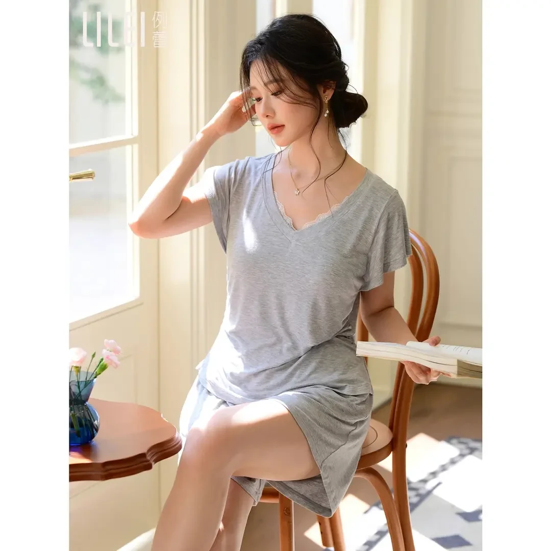 带胸垫睡衣女夏百搭短袖代尔棉薄款凉感亲肤休闲慵懒家居服可外穿