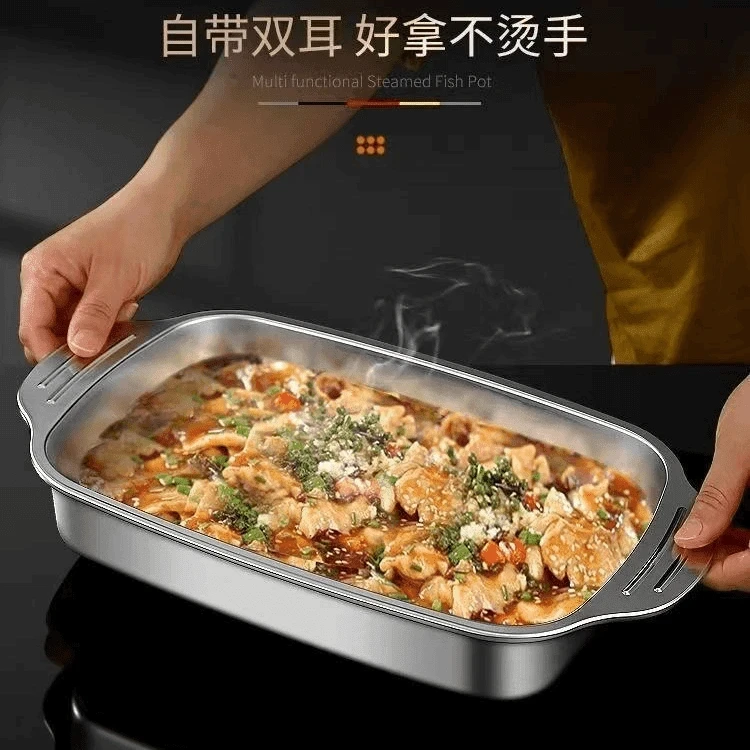 不锈钢【36*22*5】家用双耳防烫盘防滑平底盘烤鱼盘加厚盘子不带盖