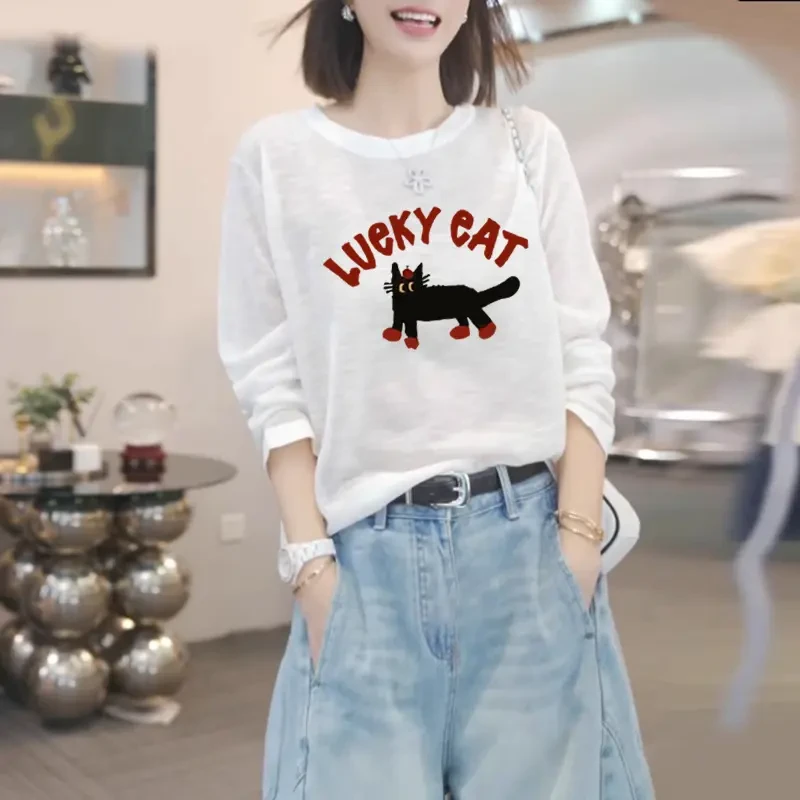 秋装韩系减龄新款字母印花棉长袖T恤女雪花棉宽松显瘦上衣打底衫