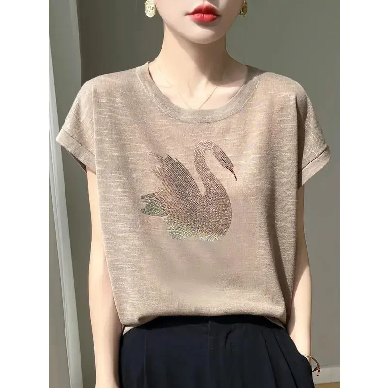 凉爽竹节麻圆领针织短袖t恤女2025夏季大码烫钻宽松百搭短袖女