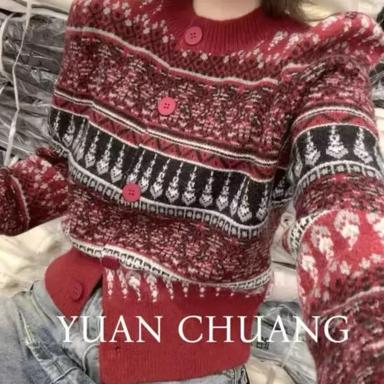 圣诞风费尔岛撞色提花开衫女秋冬复古显瘦百搭长袖毛衣时尚气质