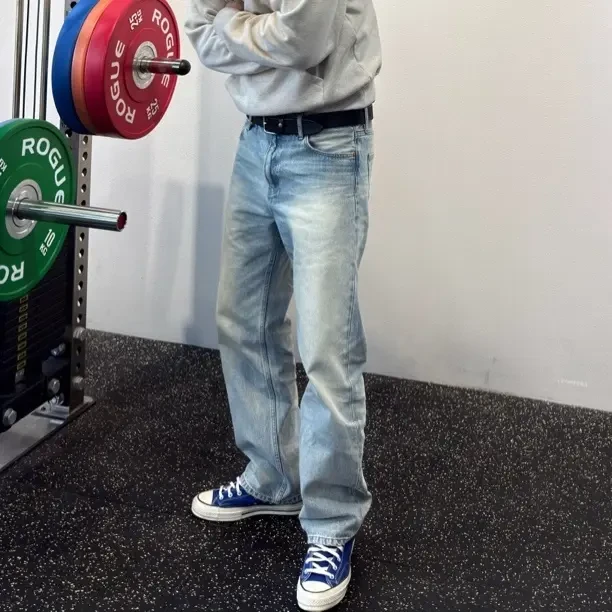 【卡秋山】冰蓝怀旧康龙505水洗美式复古磨破牛仔裤直筒裤休闲宽松