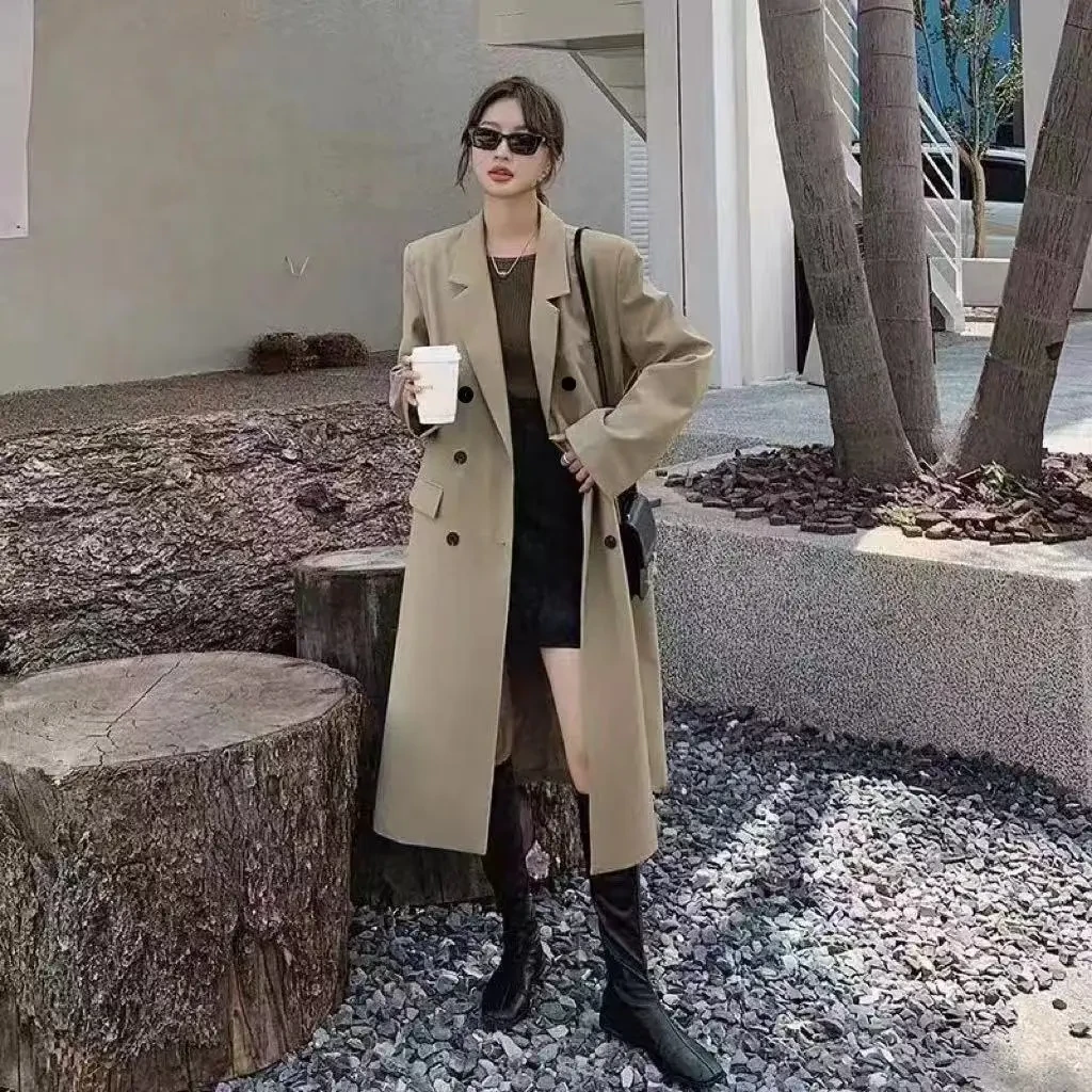 黑色长款西装风衣外套女2024春新款韩版气质网红时尚流行休闲大衣