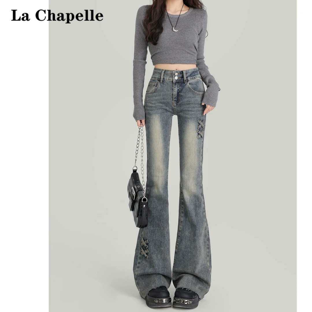 拉夏贝尔复古蓝双扣微喇牛仔裤女2025春季新款蝴蝶结弹力喇叭裤子