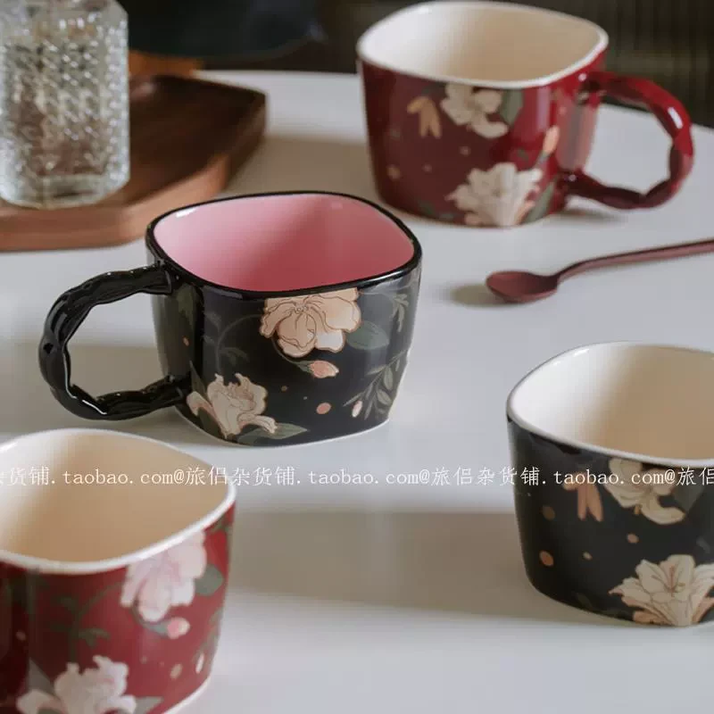 复古百合花卉方形陶瓷马克杯大容量水杯早餐燕麦杯咖啡杯礼物