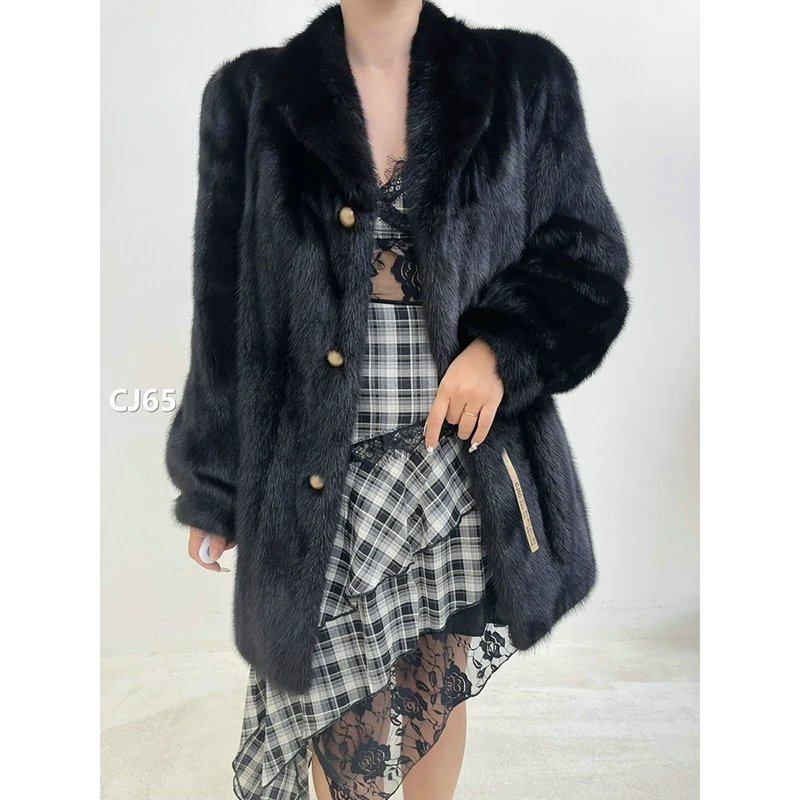 【CJ65】S码 本黑色中长款全抽貂皮大衣（肩40胸100衣81袖59）