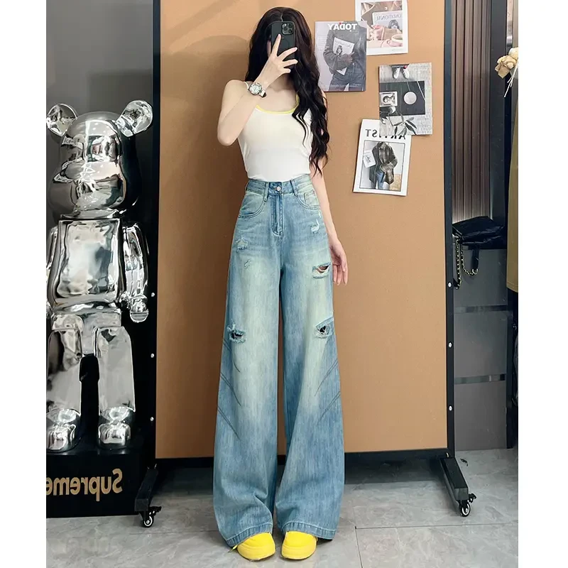 复古破洞阔腿牛仔裤女2025年夏季新款高腰宽松薄款爆款超火直筒裤