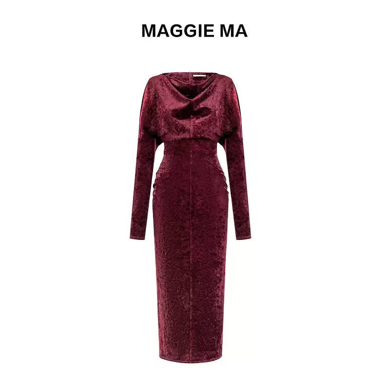MAGGIE MA马婧设计师款酒红色高贵优雅气质修身连衣裙988D