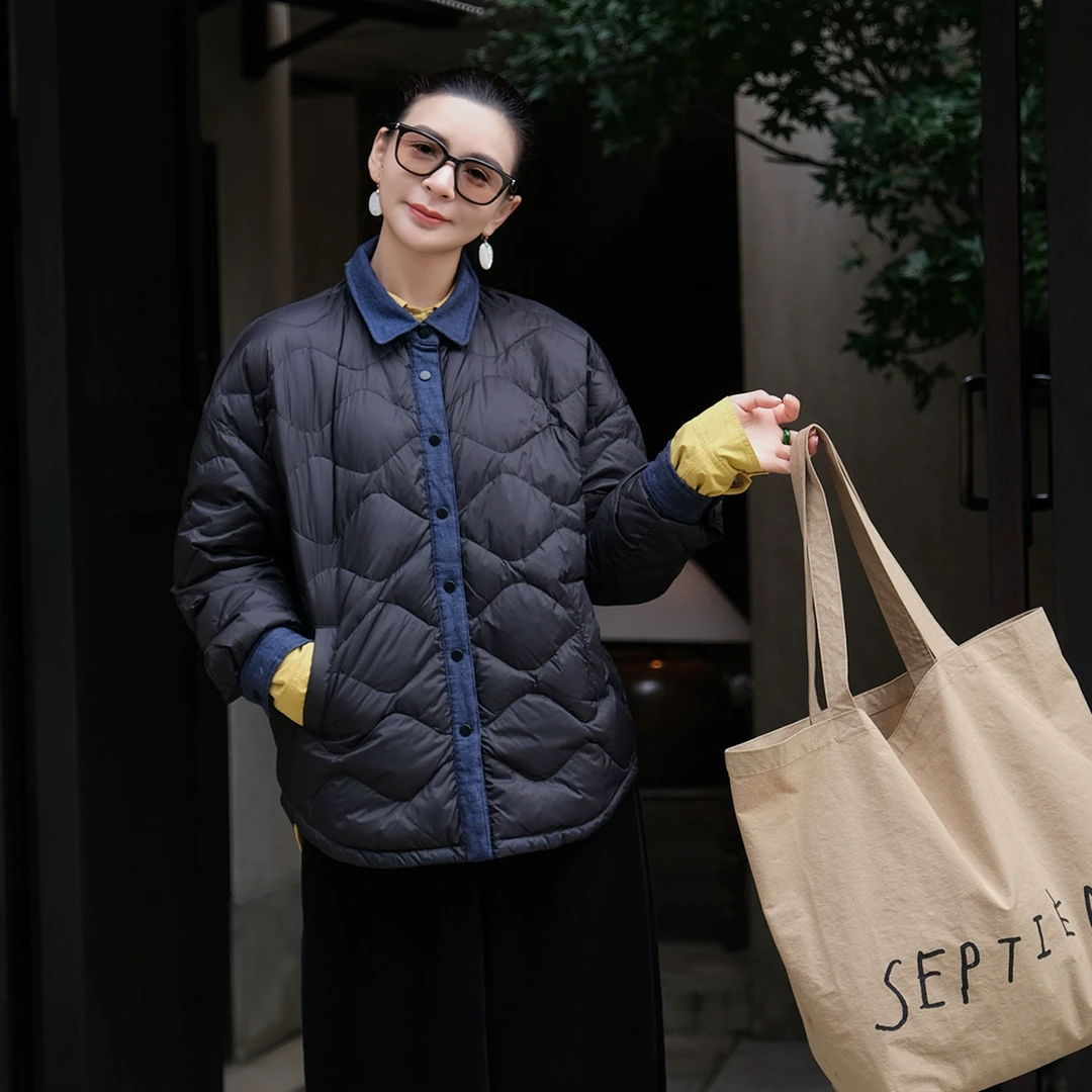 麻霖原创设计亚麻牛仔拼接95白鸭绒衬衫式休闲轻薄羽绒服