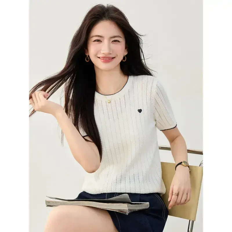 韩系灰色爱心麻花正肩针织短袖高级感超好看独特漂亮上衣2025夏季