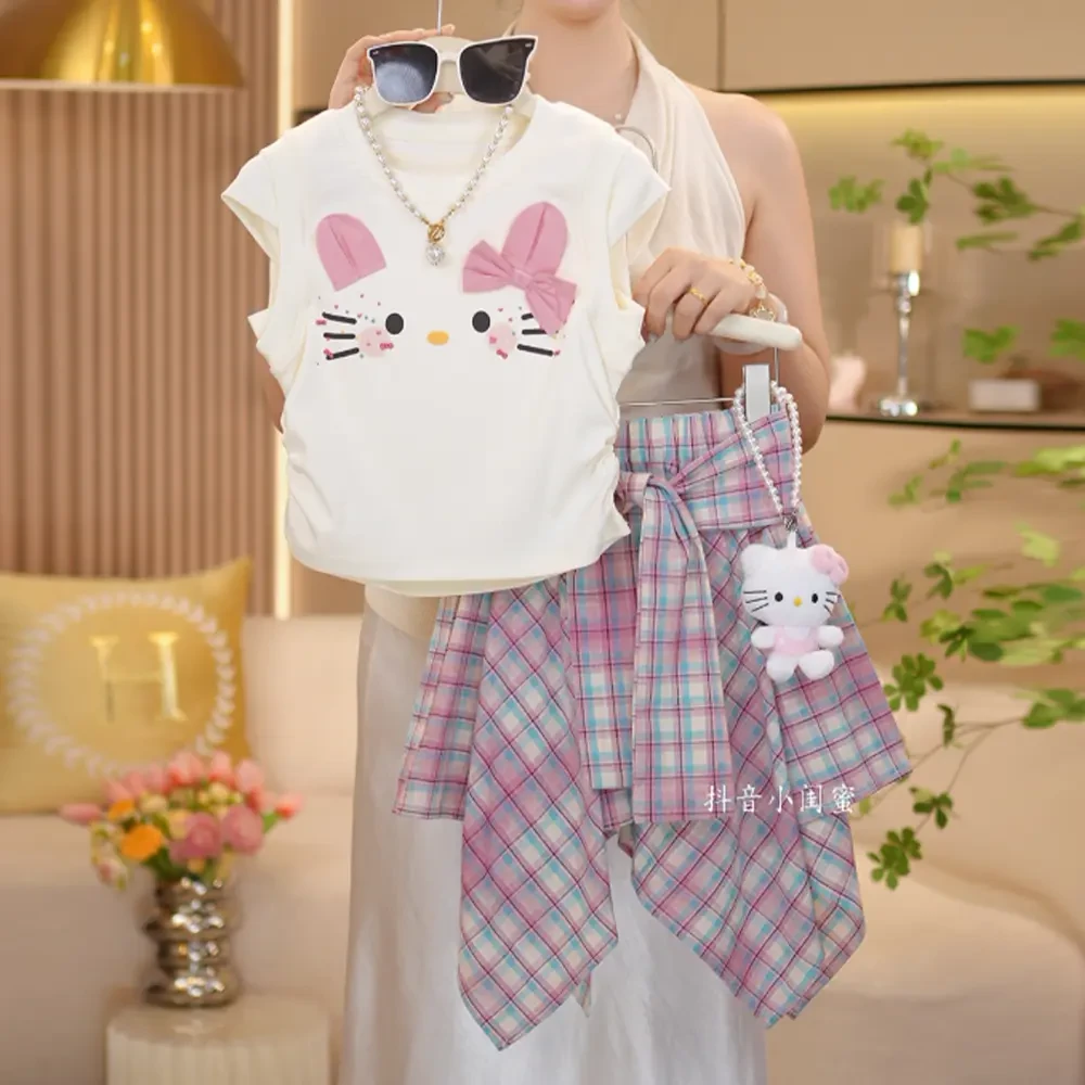 女童2025夏季新款可爱KT猫卡通背心上衣+格子短裙套装少女学院风