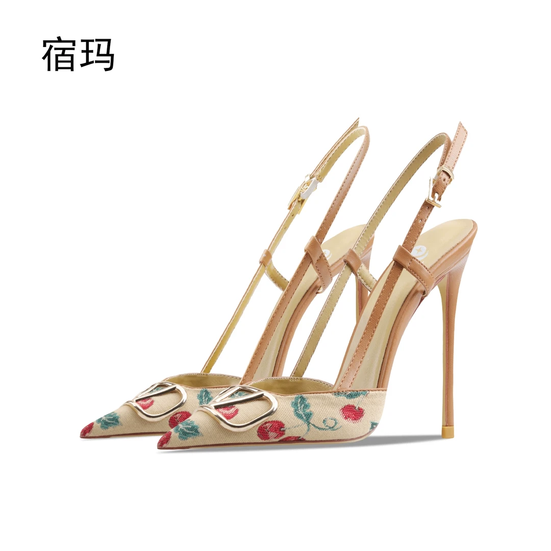 棕色金属扣高跟凉鞋2025年春季新款尖头浅口细跟百搭气质性感单鞋