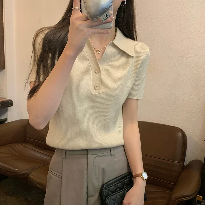 法式别致2025夏季新款韩系气质系扣polo领t恤女百搭针织短袖上衣