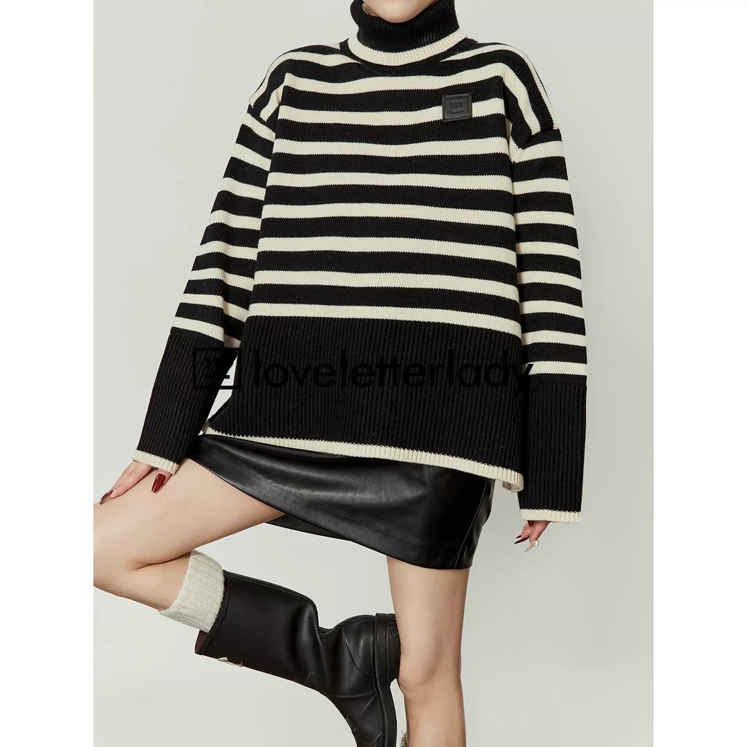 周里物/高领黑白条纹毛衣女宽松套头上衣秋冬保暖