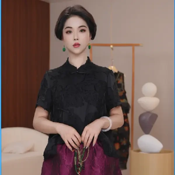 【墨晨】新中式四季通用提花短袖夏季气质复古短款时尚蕾丝重磅