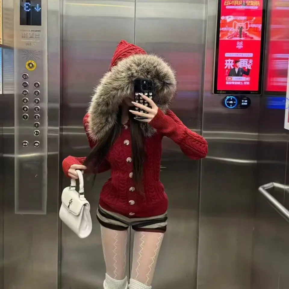 韩系圣诞红色毛领连帽麻花开衫女秋冬氛围感修身针织外套上衣