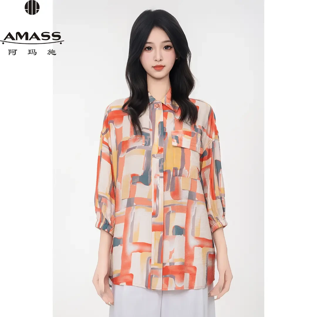 AMASS/阿玛施夏季新款复古印花休闲宽松轻薄七分袖衬衫女5300905