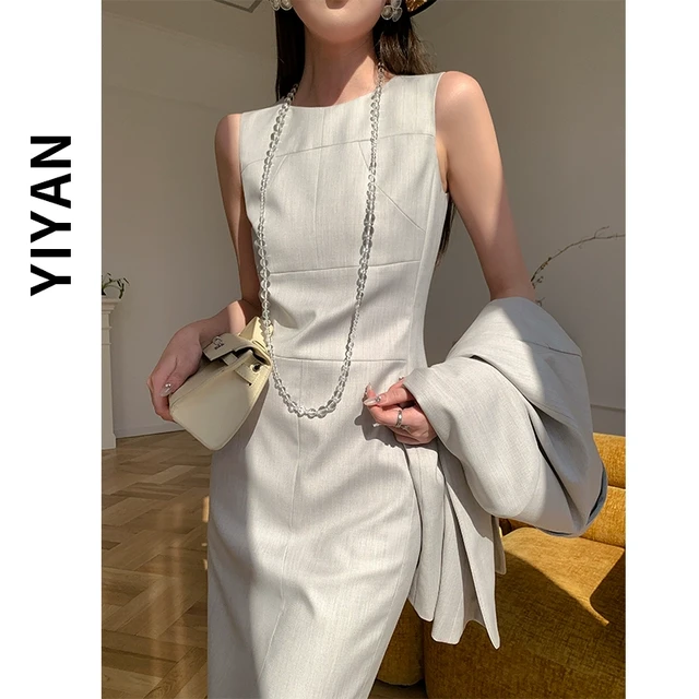 烟灰色西装连衣裙套装女春秋2025新款包臀无袖高级感气质职业套裙