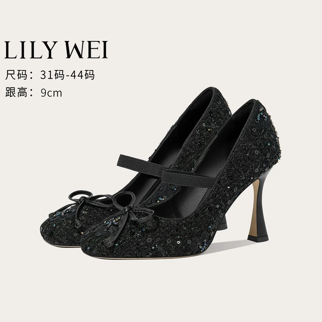 Lily Wei法式亮片高级感一字带单鞋设计感酒杯跟高跟鞋小码313233