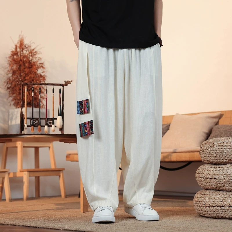 中国风大码宽松棉麻休闲裤男高级感垂感直筒长裤民族风印花哈伦裤