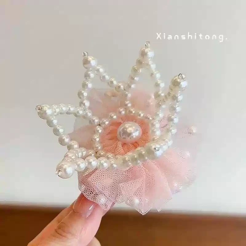 韩国立体皇冠头饰公主儿童发夹珍珠网纱小女孩洋气手工发卡少女