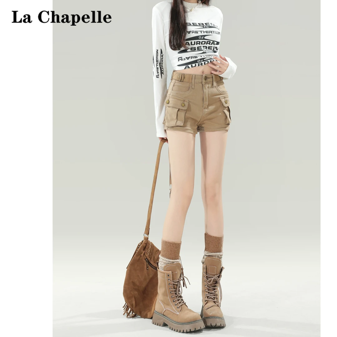 拉夏贝尔卡其复古高腰工装短裤女2025年夏季新款辣妹显瘦a字热裤