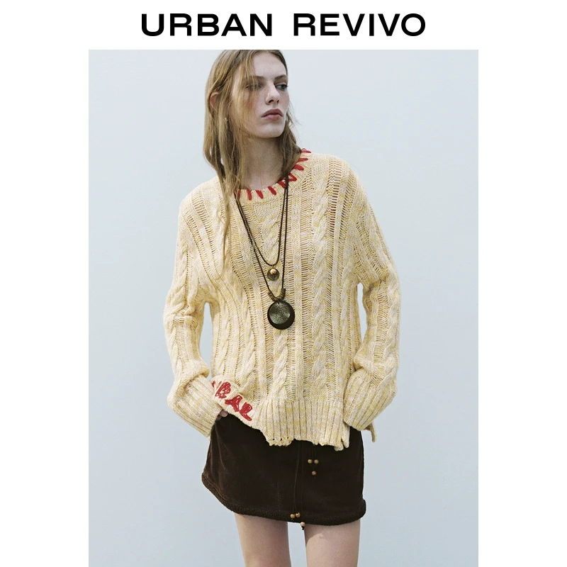 UR2025秋季新款女装复古慵懒风撞色刺绣绞花针织衫UYL950008