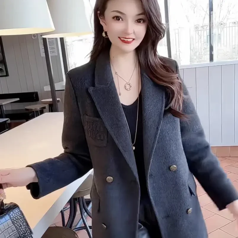 学院风双面呢西装外套女秋冬韩版宽松加厚小个子毛呢大衣