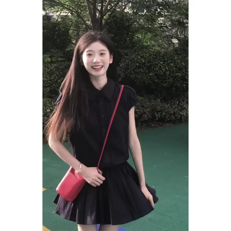 夏季新款温婉大方衣服韩系穿搭翻领短袖收腰显瘦设计感百褶连衣裙