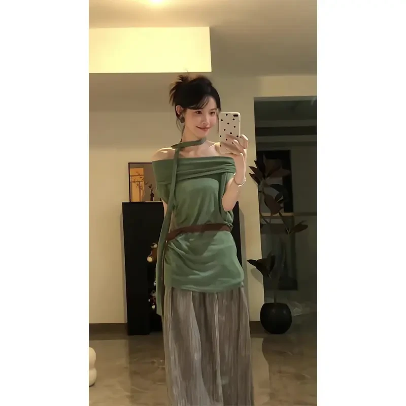 美式辣妹斜肩短袖多穿绑带挂脖针织衫露肩上衣直筒宽松休闲半身裙