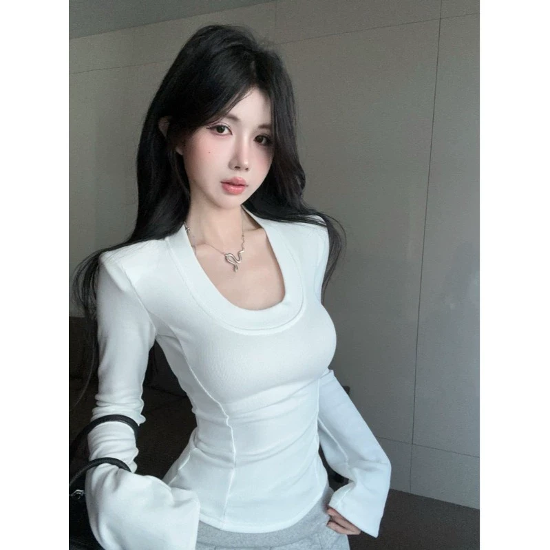 梦优莱早春新款小香风U领百搭长袖T恤女2025纯色加绒修身上衣