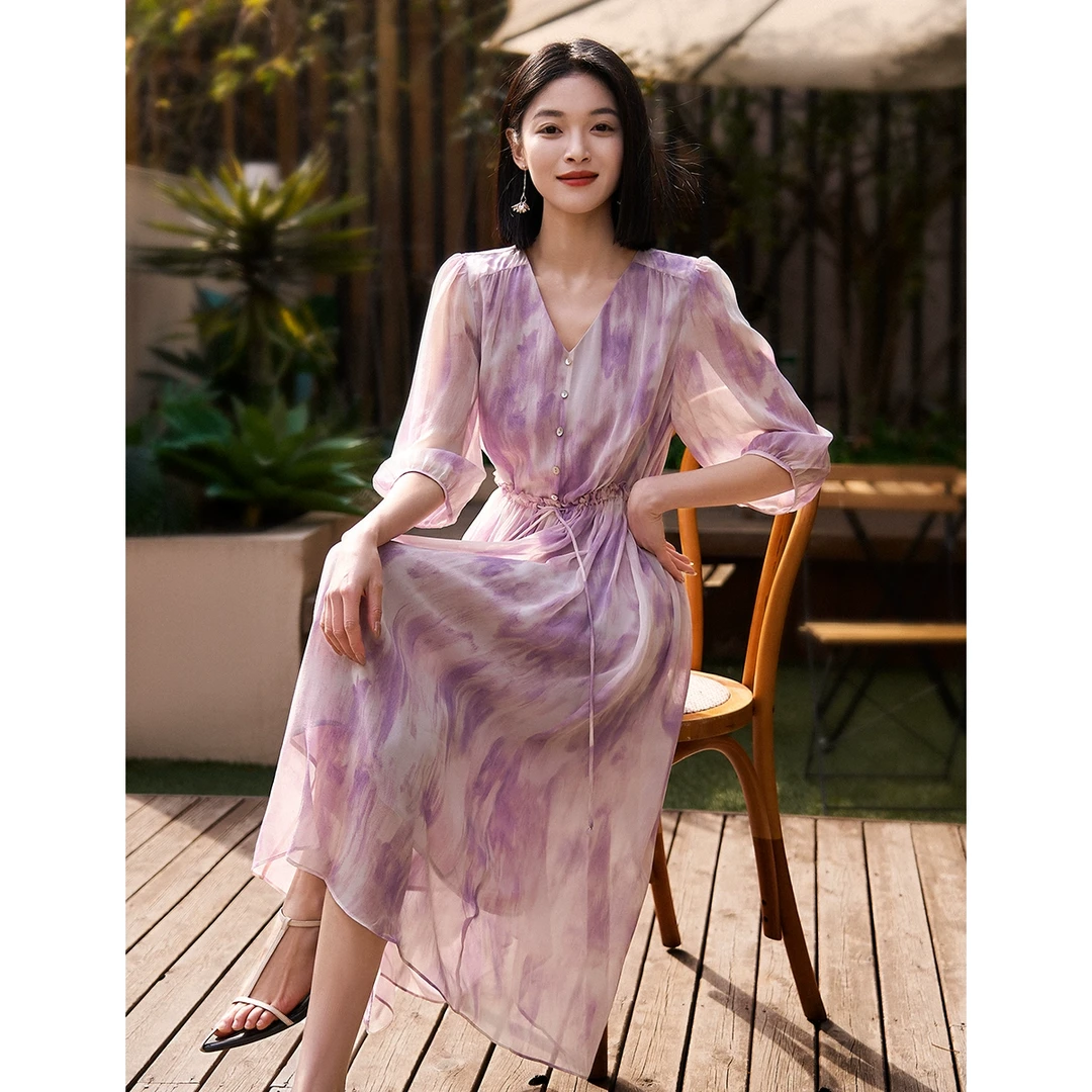 笑涵阁 小仙紫裙丨清透晕染渐变紫收腰印花连衣裙SQE880264MG