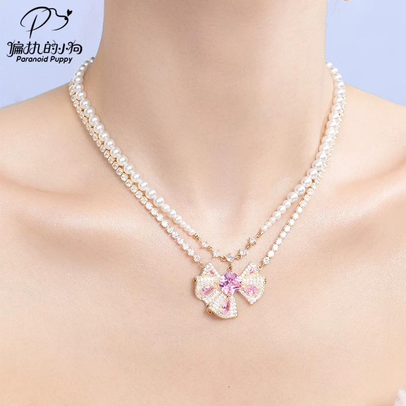 铜合金项链 粉黛流苏～重工粉色蝴蝶结双层项链女小众复古