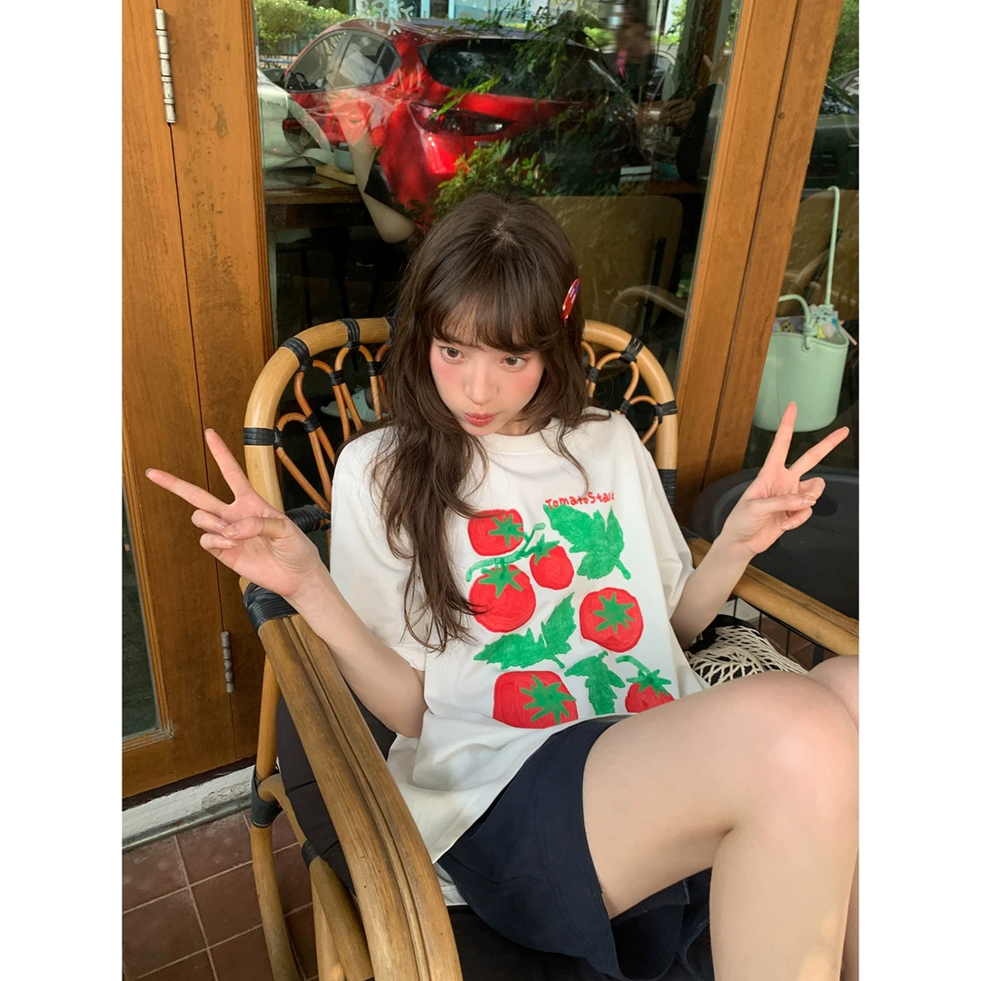 你好卡农 原创番茄印花休闲短袖t恤女夏新款独特宽松圆领纯棉上衣