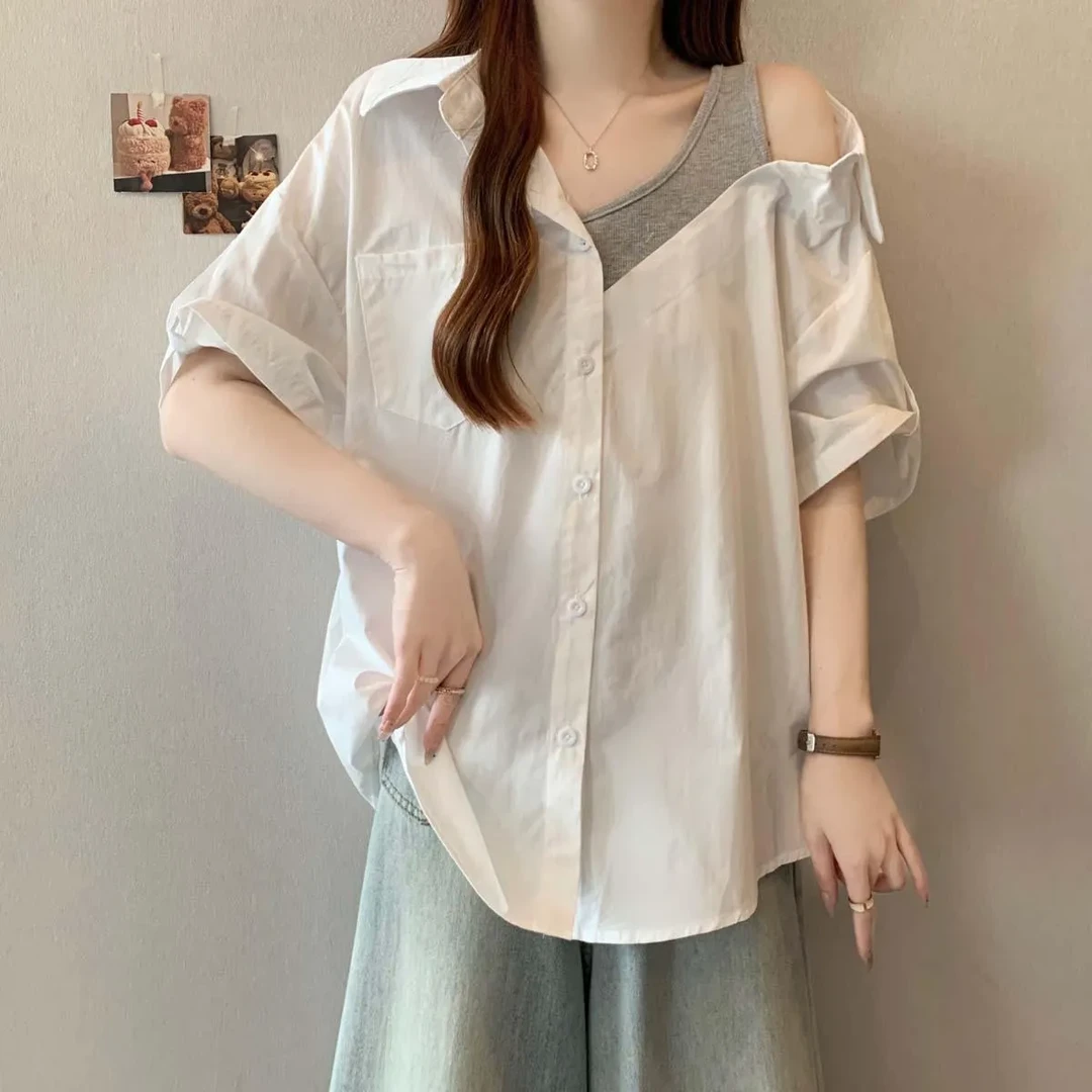 遮肚子假两件拼接露肩短袖衬衫女夏季打底衫微胖大码宽松百搭上衣