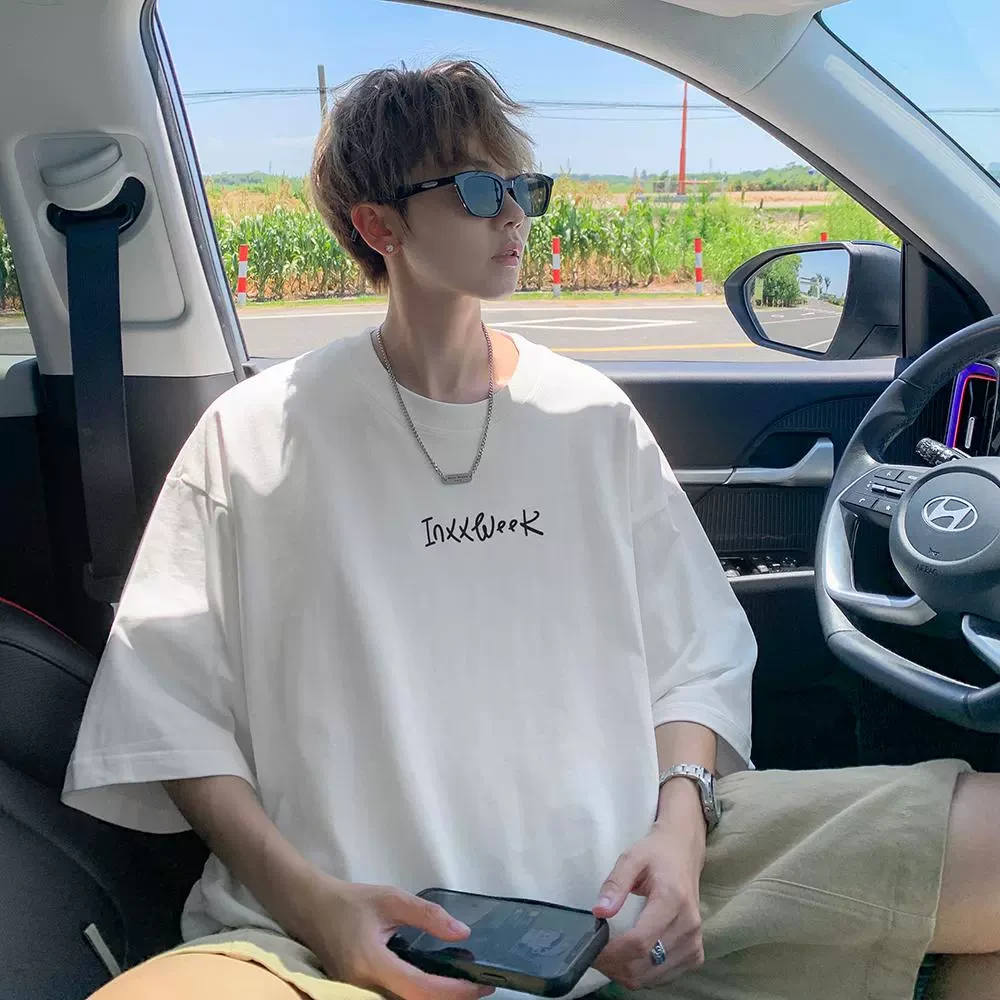 潮牌短袖t恤男士2025新款夏季圆领宽松纯白色重磅纯棉上衣体恤男