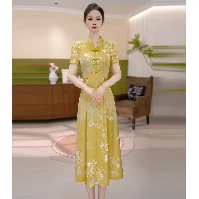 爆款新款2025年夏季时尚中国风气质优雅显瘦复古减龄中长款连衣裙