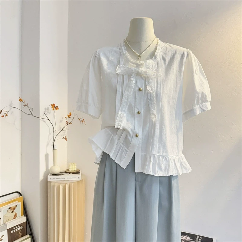 蕾丝系带圆领泡泡短袖衬衫女2025夏季宽松短款娃娃衫甜美小衫上衣