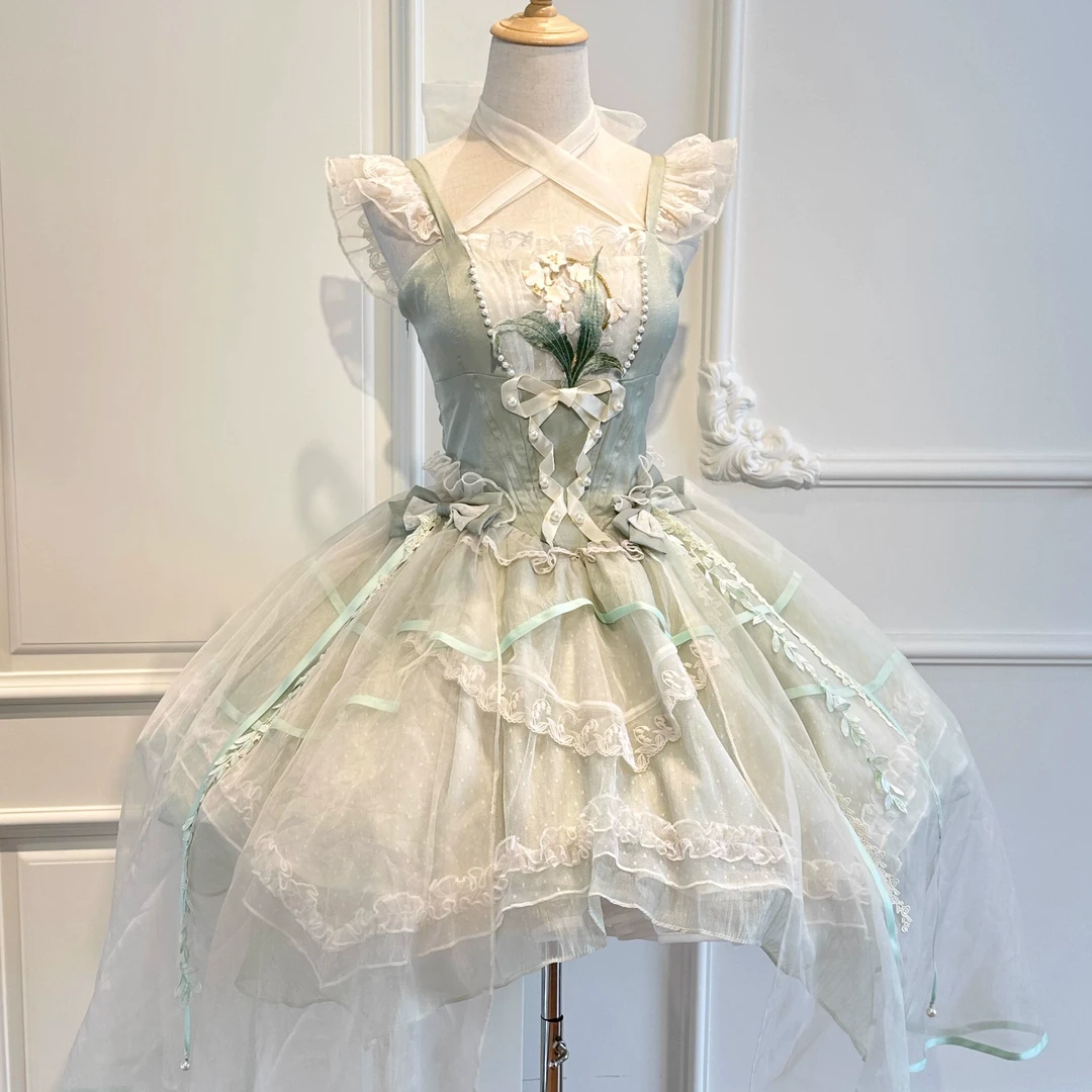 现货飞行日记不知春白绿铃兰夏日感小清新纯欲芭蕾风少女JSK短裙