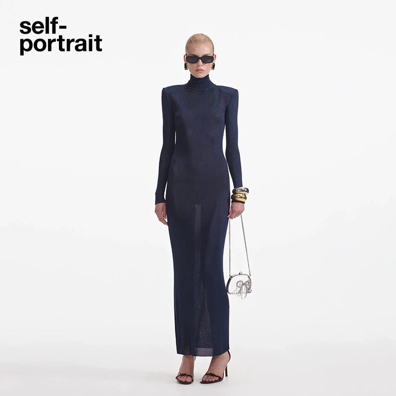 self-portrait 2025新款藏蓝色修身通勤高领针织打底连衣裙