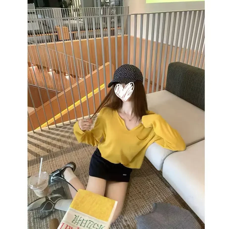 春秋宽松V领纯色薄款针织衫T恤女2025早秋春秋款显瘦女针织T恤